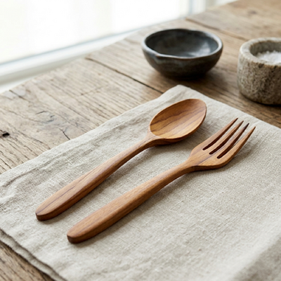 Alam Carola Teak Wooden Spoon & Fork Set - 190mm