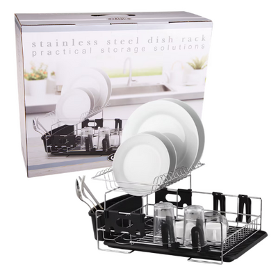 D.Line Stainless Steel 2-Tier Dish Rack w/ Draining Board - Black
