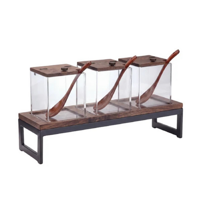 Chef Inox Serve Walnut Wood 3-Jar Condiment Holder 530x162x150mm - 55797