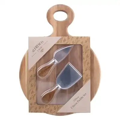Alfresco Lane 3 Piece Round Acacia Wood Cheese Paddle With Knives 300x220mm