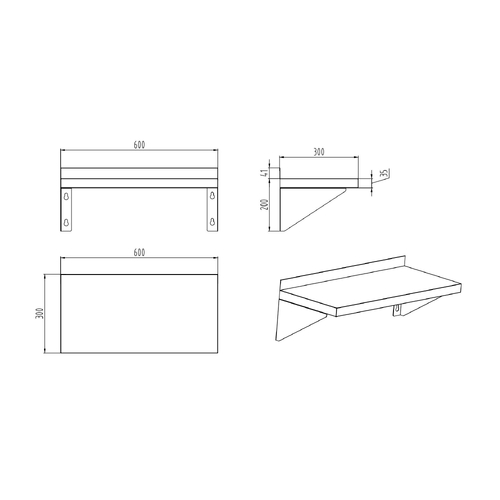 AFF-0632 Stainless Steel Solid Wall Shelf 600mm x 300mm x 200mm