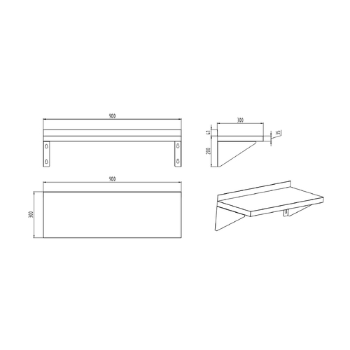 AFF-0932 Stainless Steel Solid Wall Shelf 900mm x 300mm x 200mm