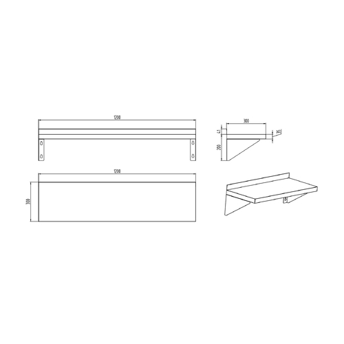 AFF-1232 Stainless Steel Solid Wall Shelf 1200mm x 300mm x 200mm