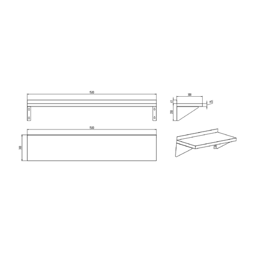 AFF-1532 Stainless Steel Solid Wall Shelf 1500mm x 300mm x 200mm