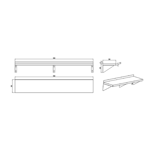 AFF-1832 Stainless Steel Solid Wall Shelf 1800mm x 300mm x 200mm