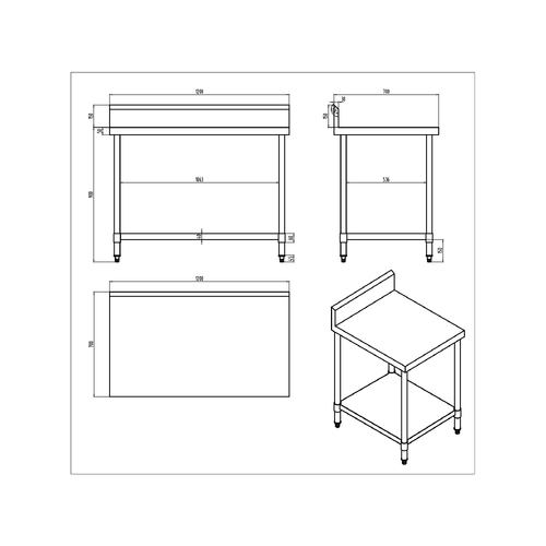 AWS-1270 Stainless Steel Work Bench with Splashback 1200w x 700d x 900h mm