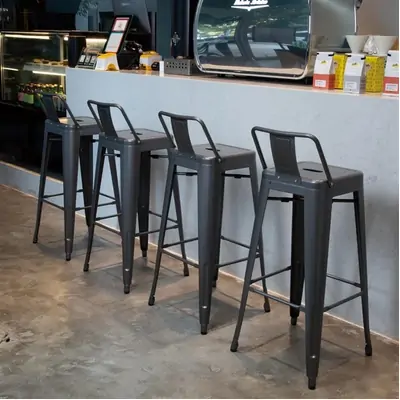Bolero High Metal Bar Stools with Back Rests Gun Metal Grey (Pack of 4) - DM935