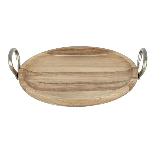 Olympia Round Dish Acacia Wood With Metal Handles
