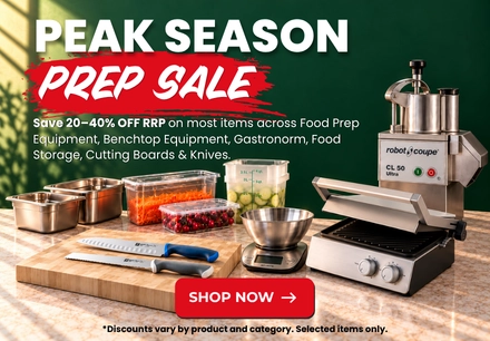 Peak Season Prep Sale featuring food preparation equipment, benchtop equipment, gastronorm pans, food storage, cutting boards and knives