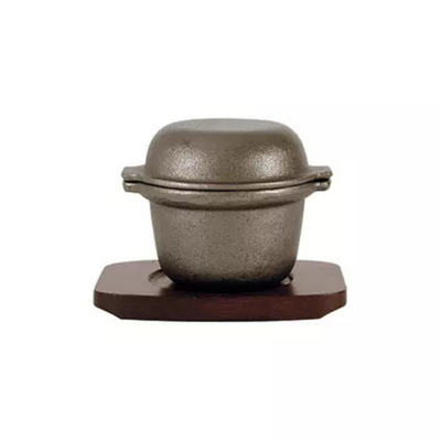 Cast Iron Cookware Garlic Prawn Pot 115x90mm Cast Iron Pot Rectangular Wood Base - 41041