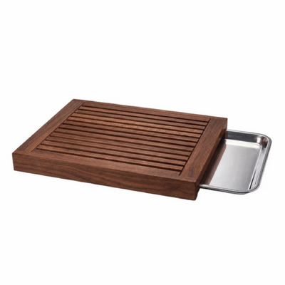 Chef Inox Serve Walnut Wood Bread Board with Stainless Steel Tray 440x330x45mm - 55742