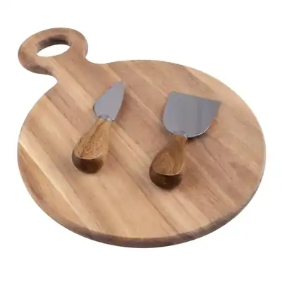 Alfresco Lane 3 Piece Round Acacia Wood Cheese Paddle With Knives 300x220mm - 7186-0