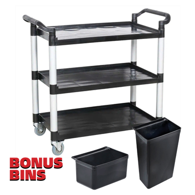 Large 3 Tier Utility Trolley - Black with BONUS BINS - 97185