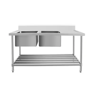 ASD-1560L Stainless Steel Double Sink Bench with Pipe Undershelf 1500w x 600d x 900h mm (Sinks at Left) - ASD-1560L