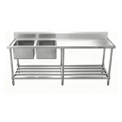 ASD-2460L Stainless Steel Double Sink Bench with Pipe Undershelf 2400w x 600d x 900h mm (Sinks at Left) - ASD-2460L
