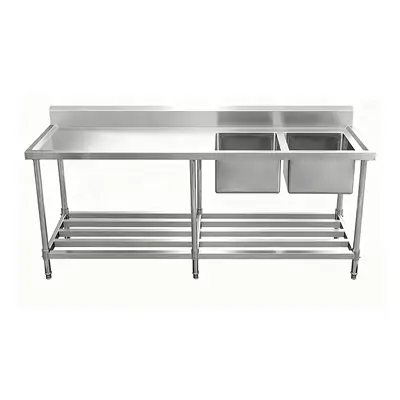 ASD-2470R Stainless Steel Double Sink Bench with Pipe Undershelf 2400w x 700d x 900h mm (Sinks at Right) - ASD-2470R