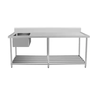 ASS-2470L Stainless Steel Single Sink Bench with Pipe Undershelf 2400w x 700d x 900h mm (Sink at Left) - ASS-2470L