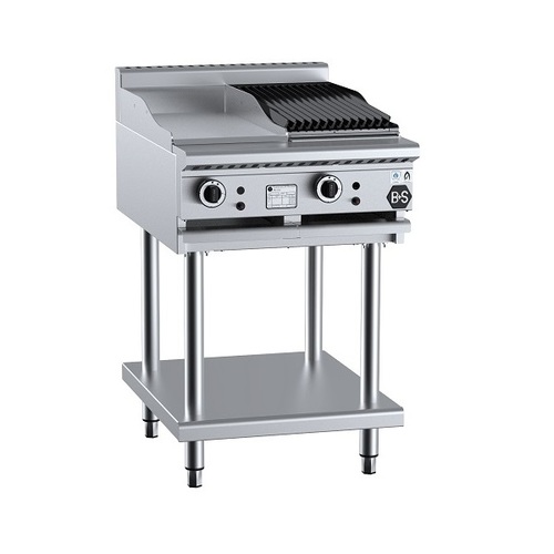 B+S Black BT-GRP3-CBR3 Gas Combination 300mm Grill Plate & 300mm Char Broiler on Leg Stand - BT-GRP3-CBR3