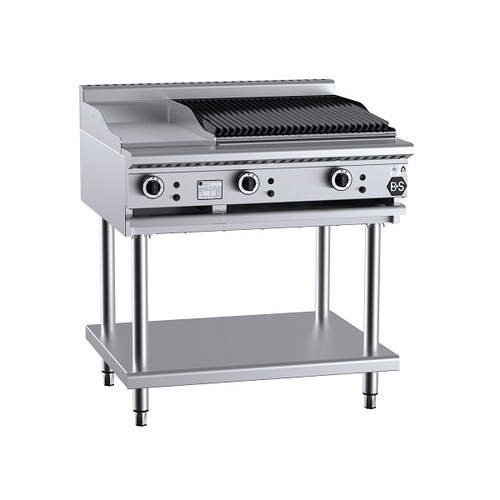 B+S Black BT-GRP3-CBR6 Gas Combination 300mm Grill Plate & 600mm Char Broiler on Stand - BT-GRP3-CBR6