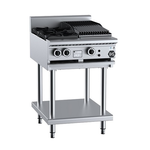 B+S Black BT-SB2-CBR3 Gas Combination Two Open Burners & 300mm Char Broiler on Leg Stand - BT-SB2-CBR3