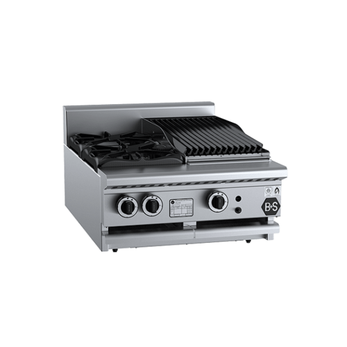 B+S Black BT-SB2-CBR3BM Gas Combination Two Open Burners & 300mm Char Broiler - Bench Mounted - BT-SB2-CBR3BM