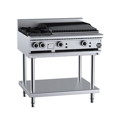 B+S Black BT-SB2-CBR6 Gas Combination Two Open Burners & 600mm Char Broiler on Stand - BT-SB2-CBR6