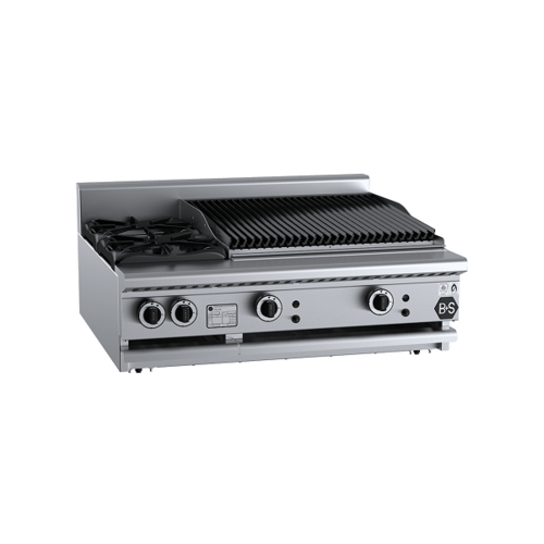 B+S Black BT-SB2-CBR6BM Gas Combination Two Open Burners & 600mm Char Broiler - Bench Mounted - BT-SB2-CBR6BM