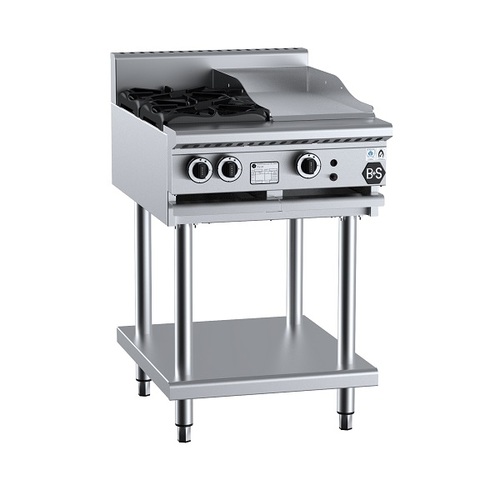 B+S Black BT-SB2-GRP3 Gas Combination Two Open Burners & 300mm Grill Plate on Leg Stand - BT-SB2-GRP3