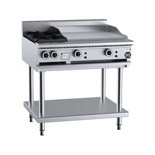 B+S Black BT-SB2-GRP6 Gas Combination Two Open Burners & 600mm Grill Plate on Stand - BT-SB2-GRP6