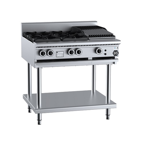 B+S Black BT-SB4-CBR3 Gas Combination Four Open Burners & 300mm Char Broiler on Stand - BT-SB4-CBR3