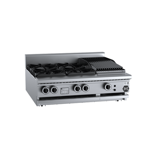 B+S Black BT-SB4-CBR3BM Gas Combination Four Open Burners & 300mm Char Broiler - Bench Mounted - BT-SB4-CBR3BM