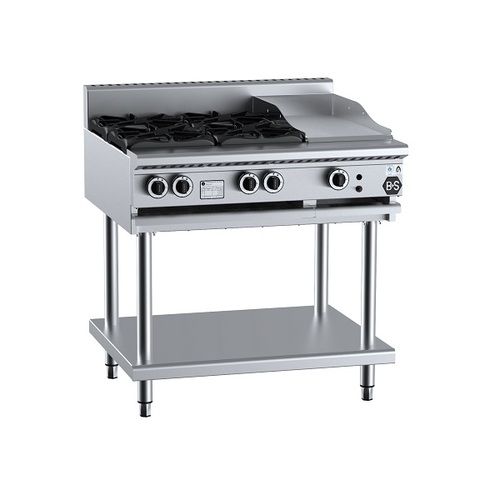 B+S Black BT-SB4-GRP3 Gas Combination Four Open Burners & 300mm Grill Plate on Stand - BT-SB4-GRP3