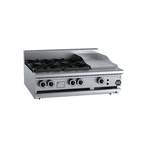 B+S Black BT-SB4-GRP3BM Gas Combination Four Open Burners & 300mm Grill Plate - Bench Mounted - BT-SB4-GRP3BM