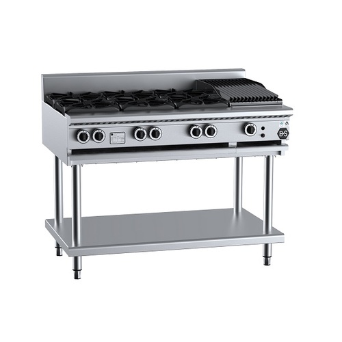 B+S Black BT-SB6-CBR3 Gas Combination Six Open Burners & 300mm Char Broiler on Stand - BT-SB6-CBR3