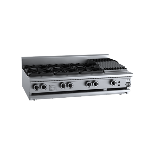 B+S Black BT-SB6-CBR3BM Gas Combination Six Open Burners & 300mm Char Broiler - Bench Mounted - BT-SB6-CBR3BM