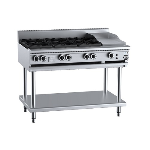 B+S Black BT-SB6-GRP3 Gas Combination Six Open Burners & 300mm Grill Plate on Stand - BT-SB6-GRP3
