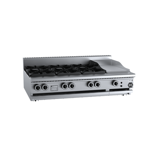 B+S Black BT-SB6-GRP3BM Gas Combination Six Open Burners & 300mm Grill Plate - Bench Mounted - BT-SB6-GRP3BM