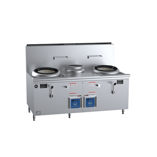 B+S Black CCF-HP2+1 Gas Double Hole Hi Pac Wok with Centre Pot and Prep Table - CCF-HP2-1