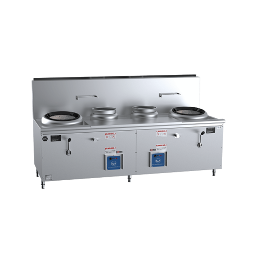 B+S Black CCF-HP2+2 Gas Double Hole Hi Pac Wok with Two Centre Pots and Prep Table - CCF-HP2-2