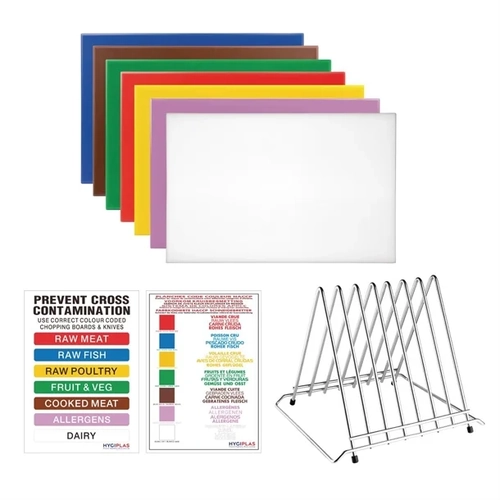 Hygiplas High Density Chopping Board Set 7 Boards & Steel Rack & Wall Chart - FY990