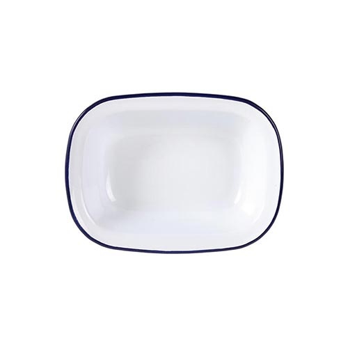 Enamel Rectangular Deep Dish 280mm - White with Blue Rim - GM510