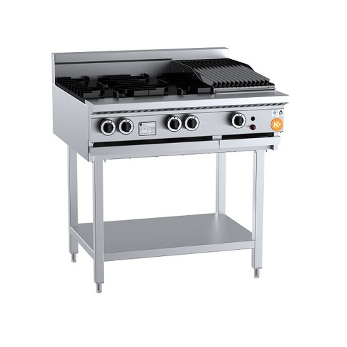 B+S K+ KBT-SB4-CBR3 Gas Combination Four Open Burners & 300mm Char Broiler On Leg Stand - KBT-SB4-CBR3
