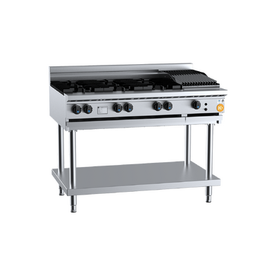 B+S K+ KBT-SB6-CBR3 Combination Six Open Burners & 300mm Char Broiler On Leg Stand - KBT-SB6-CBR3