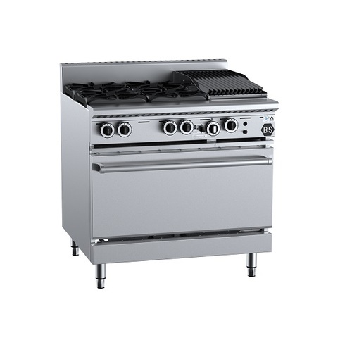 B+S Black OV-SB4-CBR3 - Gas Four Open Burners & 300mm Char Broiler with Oven - OV-SB4-CBR3