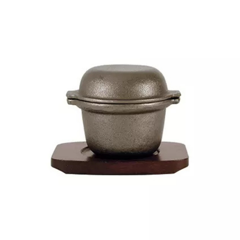 Cast Iron Cookware Garlic Prawn Pot 115x90mm Cast Iron Pot Rectangular Wood Base