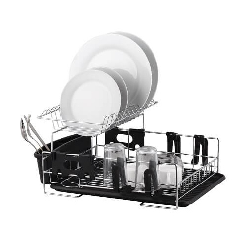D.Line Stainless Steel 2-Tier Dish Rack w/ Draining Board - Black