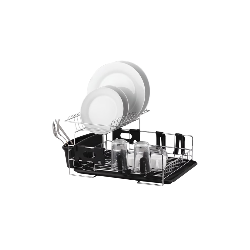 D.Line Stainless Steel 2-Tier Dish Rack w/ Draining Board - Black