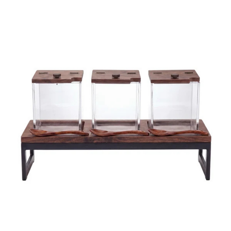 Chef Inox Serve Walnut Wood 3-Jar Condiment Holder 530x162x150mm