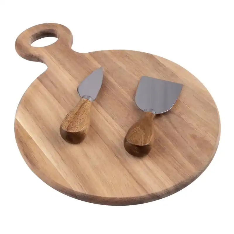 Alfresco Lane 3 Piece Round Acacia Wood Cheese Paddle With Knives 300x220mm