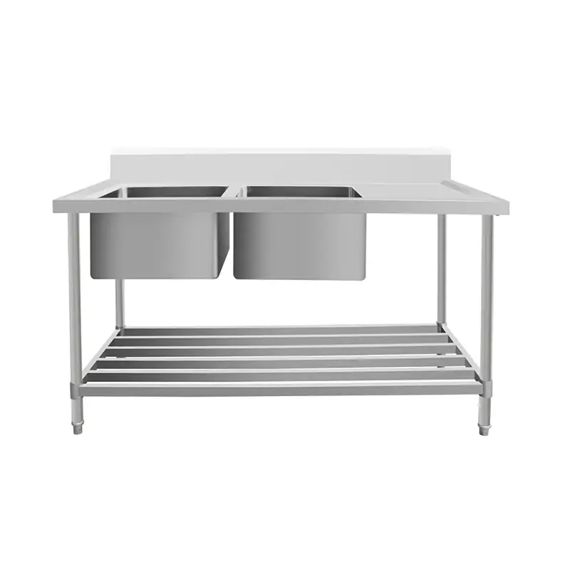 ASD-1870L Stainless Steel Double Sink Bench with Pipe Undershelf 1800w x 700d x 900h mm (Sinks at Left)